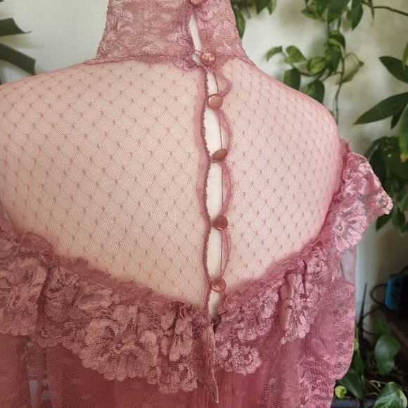 Blush Pink Lace Victorian Bridgeton Cottagcore Vtg Dress Lace Collared Dress - Picture 4 of 13